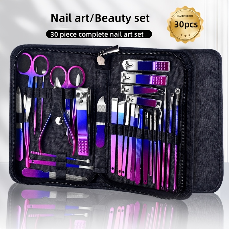 

30pcs Stainless Steel Manicure Set In Purple & Blue - Nail Clippers With Convex Blade, Non-scented, Includes Black Storage Case - Complete Hand Care Kit For Perfect , Nail Tech Supplies