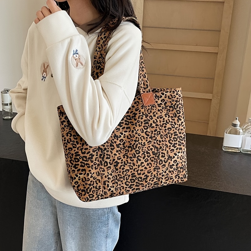 chic leopard print canvas tote bag for women spacious shoulder handbag with zip closure nylon lined details 6