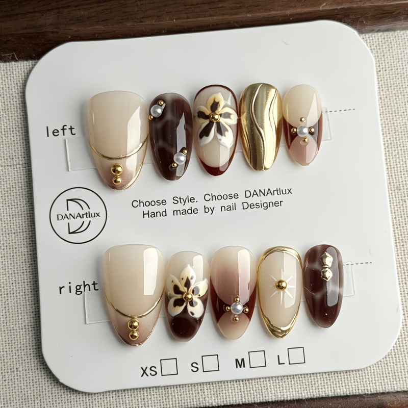 TEMU 10pcs Short Almond Press-on Nails Nude Brown Ombre Design 3d Flower Accent Golden Pearl Golden Bead Decoration Vintage Style Reusable Fake Nails