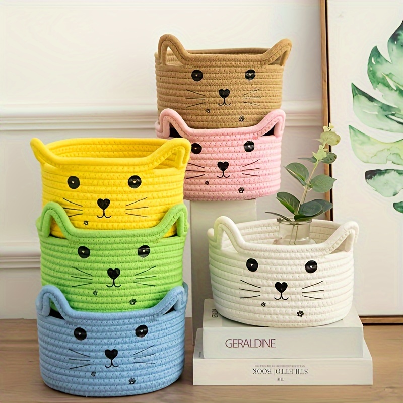 

Cat Face Storage Basket - Woven Cotton, Space-saving Organizer For Dorm, Bedroom & Office - Desktop Sorter For Use