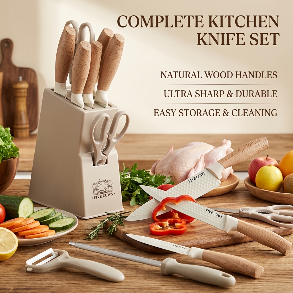 10pcs Knife Block Set with Sharpening Steel& Peeler- Chef& Bread Knives, Finger Guard| High-Carbon Stainless Steel, Dishwasher Safe| Perfect Christmas Gift for Home Chefs