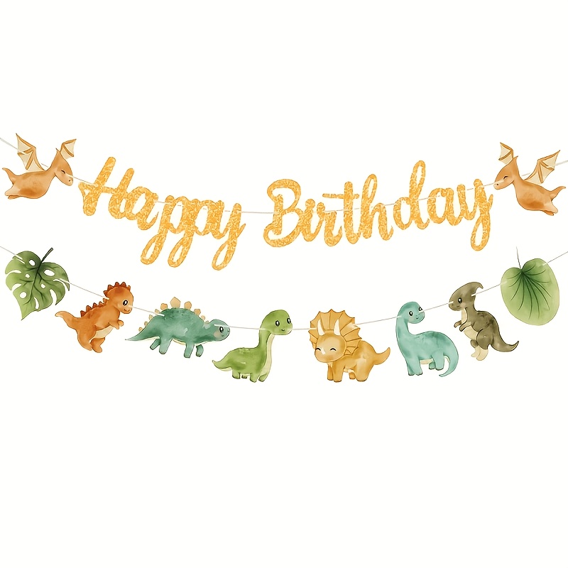 TEMU 1 Set Of Dinosaur Birthday Banner Featuring "happy Birthday" Text And Dinosaur Cutouts - Vibrant Watercolor Dinosaur Party Decorations, Complete