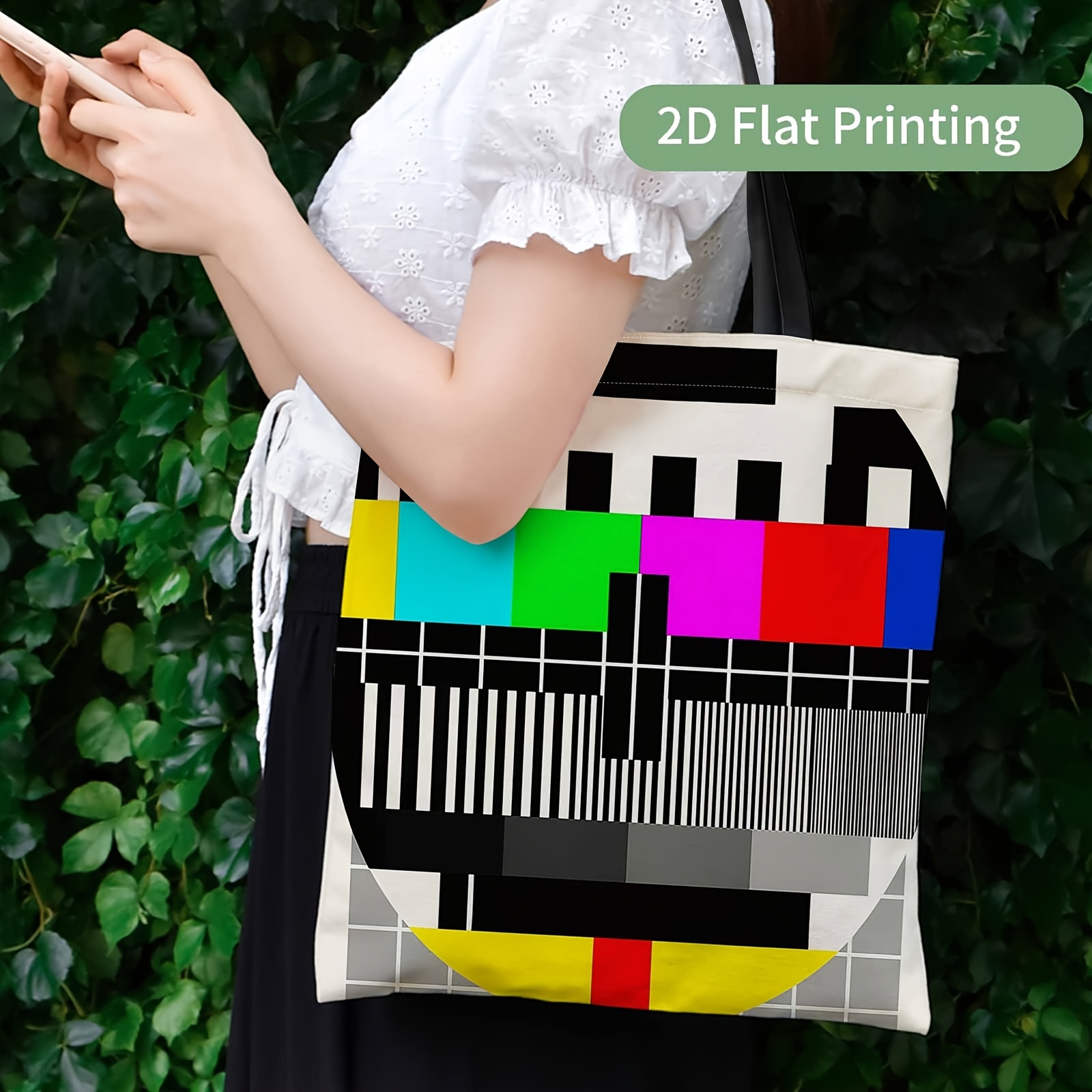TEMU 1pc Double-sided Printing Ladies Test Pattern Tote - Colorful Striped Static Screen Print, Lightweight Machine Washable Tote, Fixed Shoulder