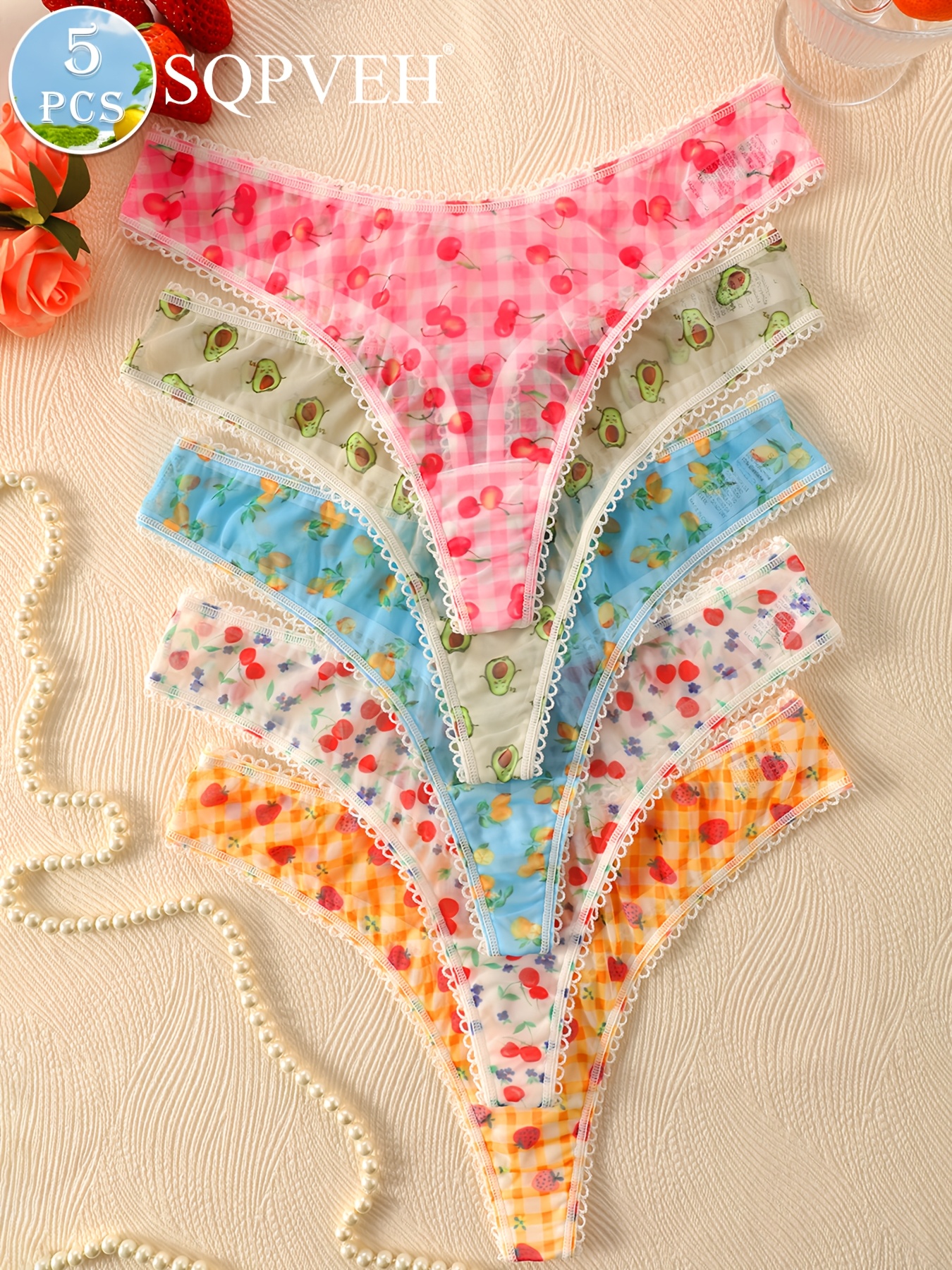 Conjunto de 5 bragas de San Valentín para mujer con estampados de frutas, ligeras, transpirables y cómodas