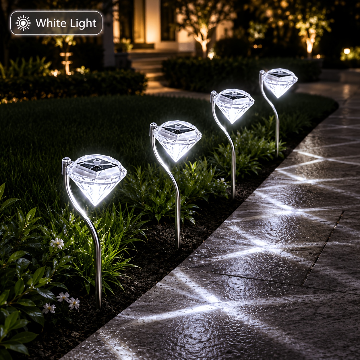 TEMU 4pcs Solar Diamond Stake Lights, Auto Led Pathway Lamps, Weatherproof Solar Powered Garden Lights For Outdoor Yard, Lawn, Walkway