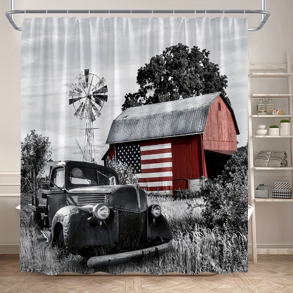 

1pcs Antique Truck Shower Curtain Vintage Wooden Red Barn American Old Car Rustic Farmhouse Windmill With Hooks, 70.8x70.8inch