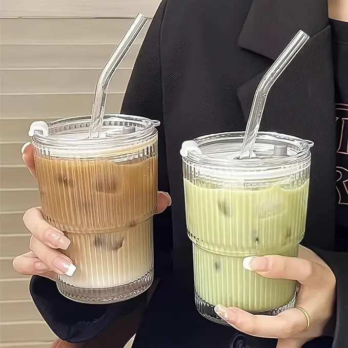 6pcs ribbed glassware glass cups with lids and straws dishwasher safety coffee cups with lids and straw sets reusable iced coffee cups for iced water milk tea Product details 4
