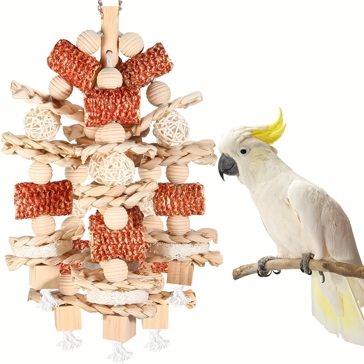 Image of Large Bird Toy, Parrot Toy, For Parrots, Parakeets, And Other Small To Medium-sized Parrots, Corn Cob And Plush Shredding Chew Toy, Wooden