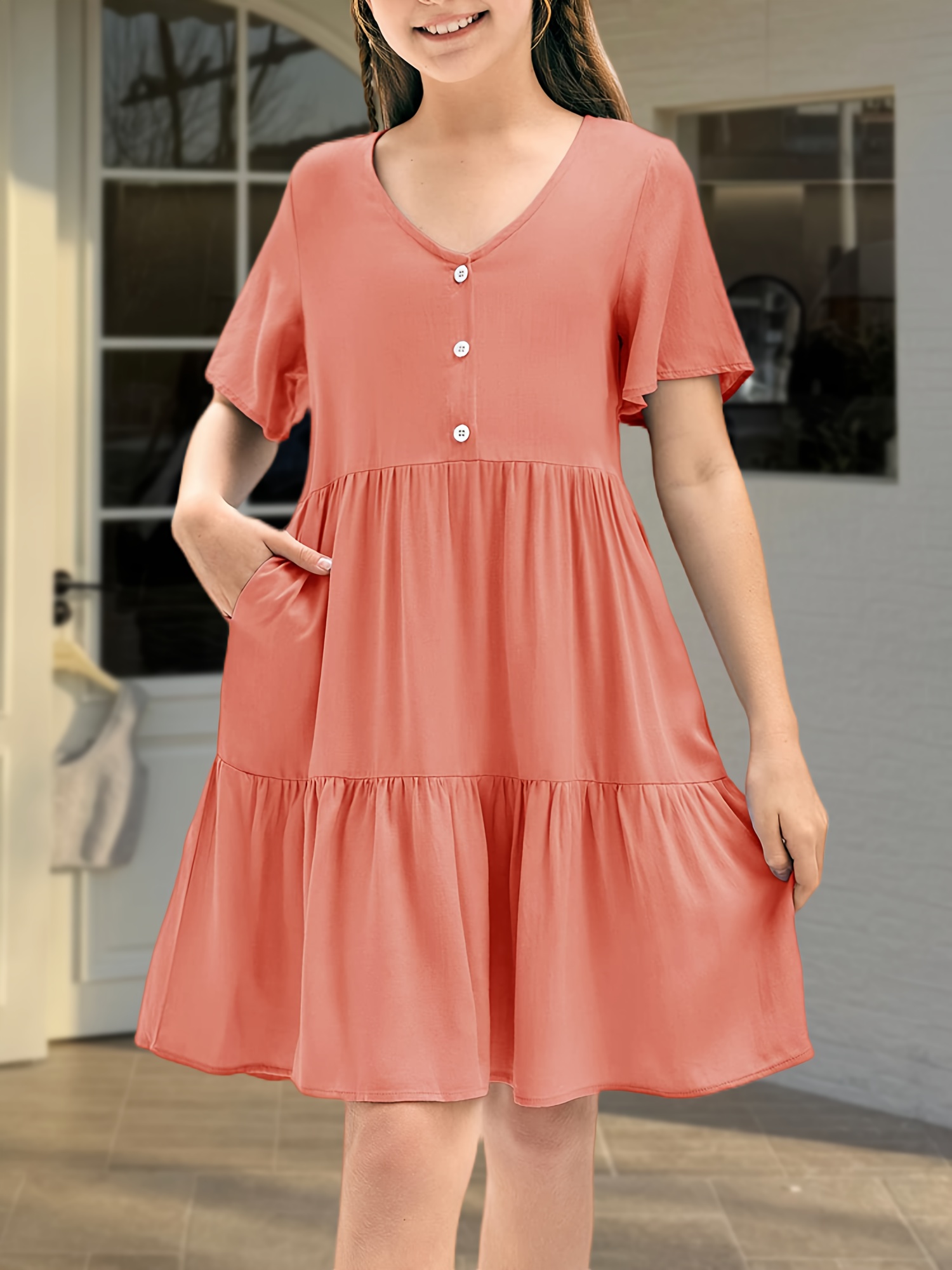 white christmas dresses Women's Summer Dresses Casual Flowy Beach Square Neck Puff Short Sleeve  Smocked Back Midi Dress with Pockets