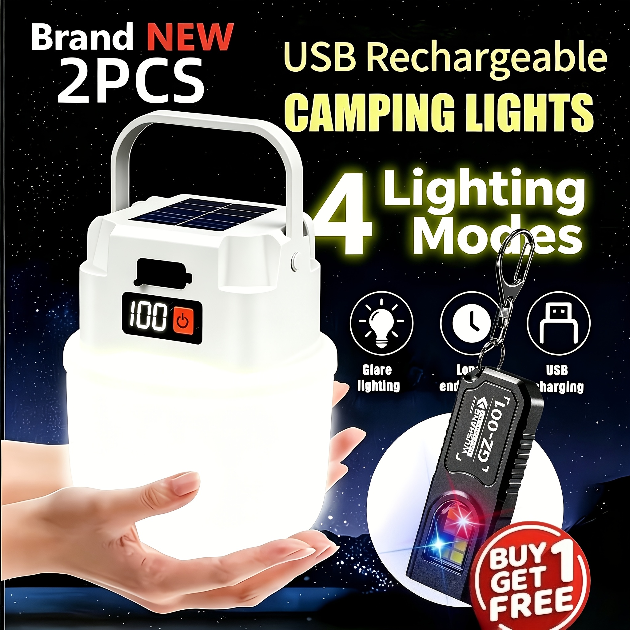 TEMU Buy 1 Get 1 Free, Total Of 2pcs Portable Solar Camping Light | Lcd Digital Display, Rechargeable Flashlight, Mini Keychain Light, Bottom Magnet,