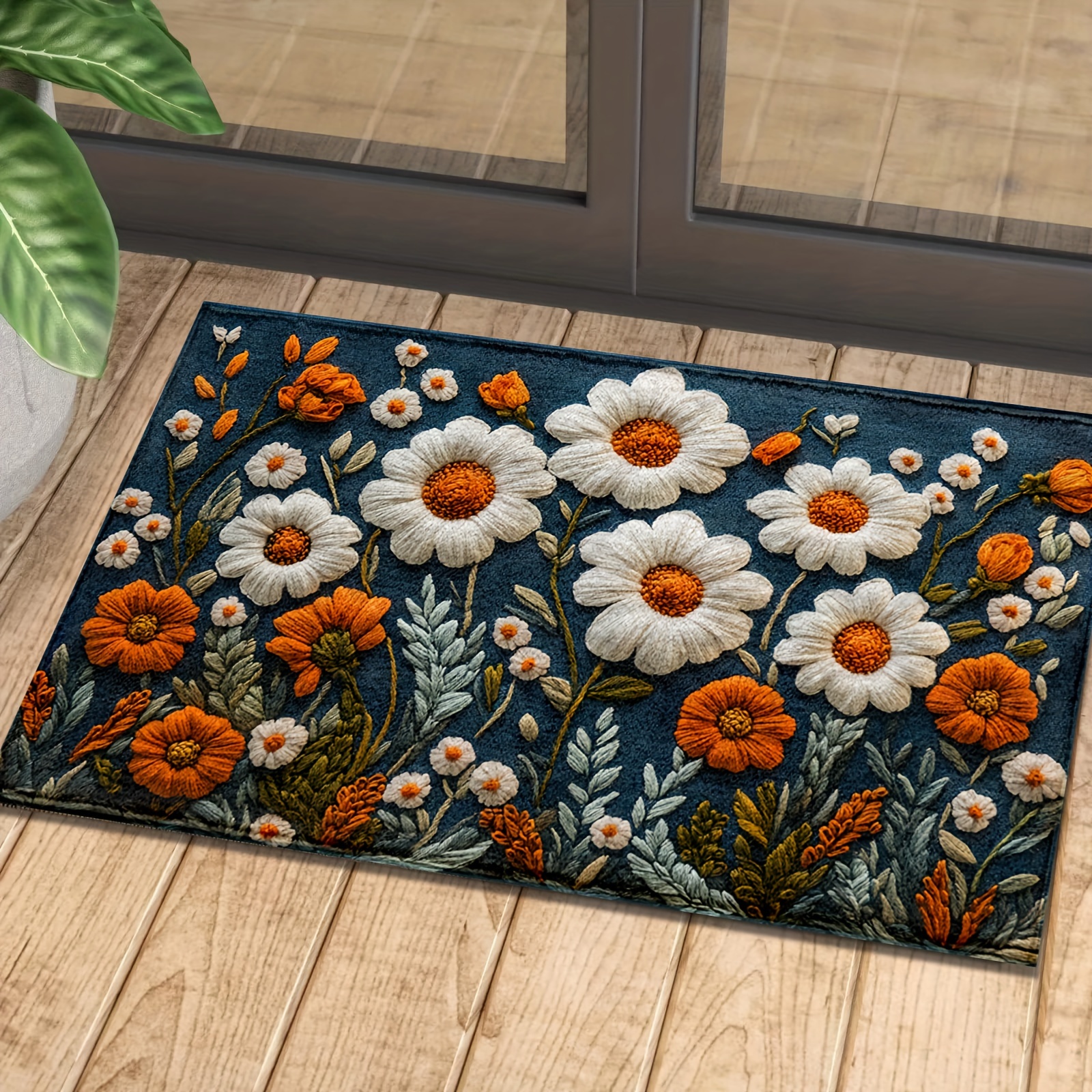 

1pc Orange And White Floral Pattern Anti-slip Mat, Cashmere Ultrafine Fiber Mat, Absorbs Water And Stains, Anti-slip, Home Decor Accessory, For Bedrooms, Bathrooms, Kitchens, Etc., Machine Washable