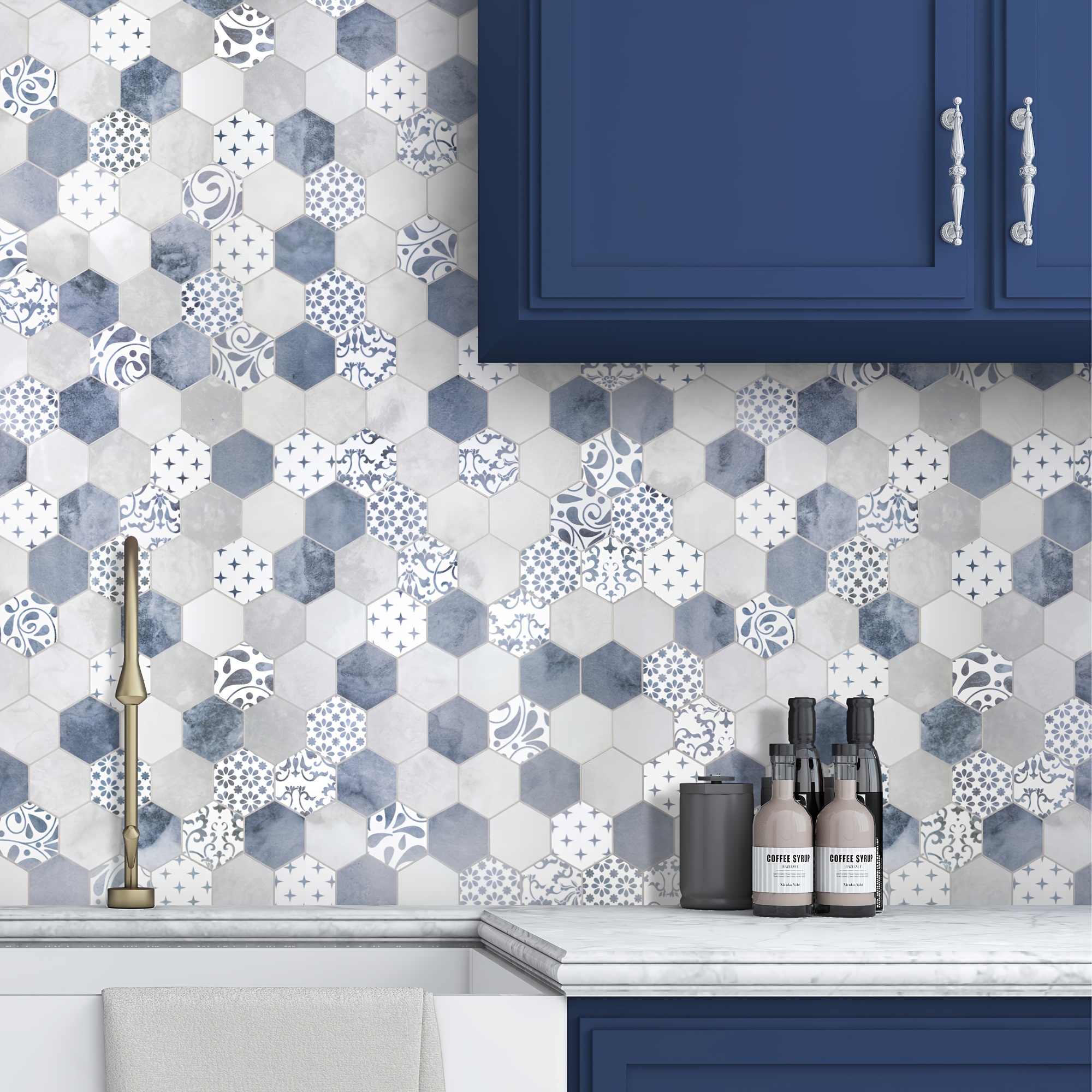 

10-piece Peel And Stick Backsplash Tile For Kitchen Bathroom 11.3 In. X 11.4 In. Hexagon Cement Vintage Stone Composite Self Adhesive Mosaic Wall Tiles, Blue