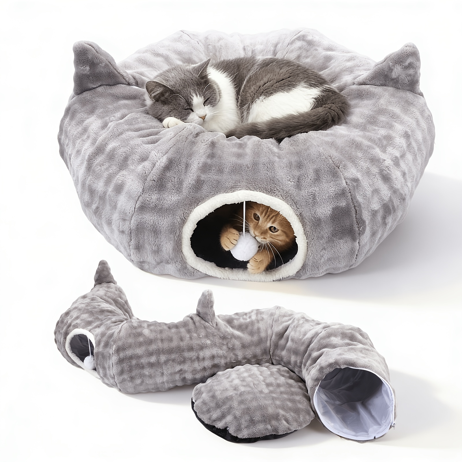 2-in-1 Foldable Cat Tunnel And Bed, Xxl Cat Play Tunnel With Hanging, 2 Entrances, Washable Cushion For Cats, Kittens, Puppies, And Rabbits