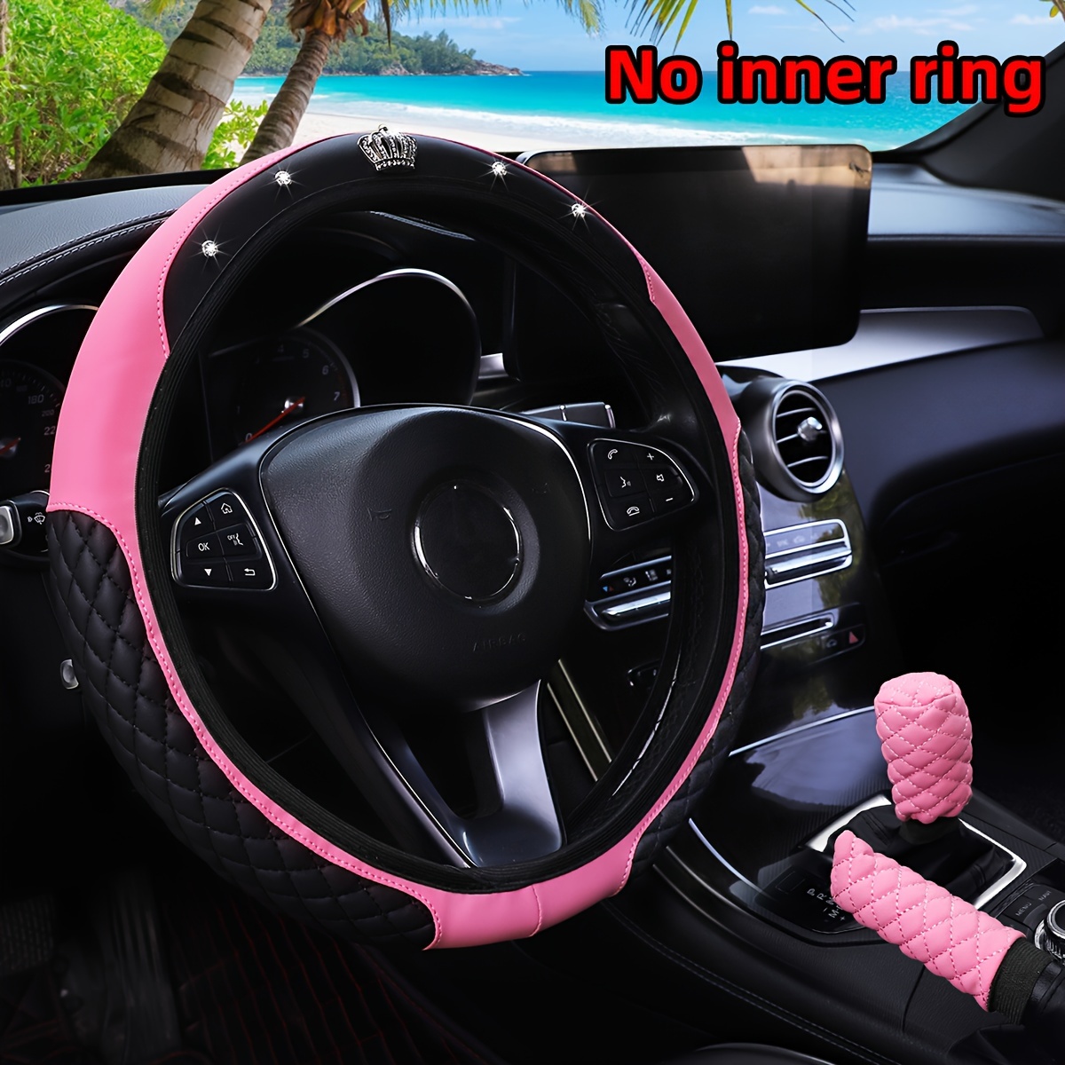 

Luxury Pu Leather Steering Wheel Cover Set With Embroidered Pattern And Bling Crown Decoration - 3 Piece Set Includes Steering Wheel, Shift Knob, And Covers - Universal Fit, No