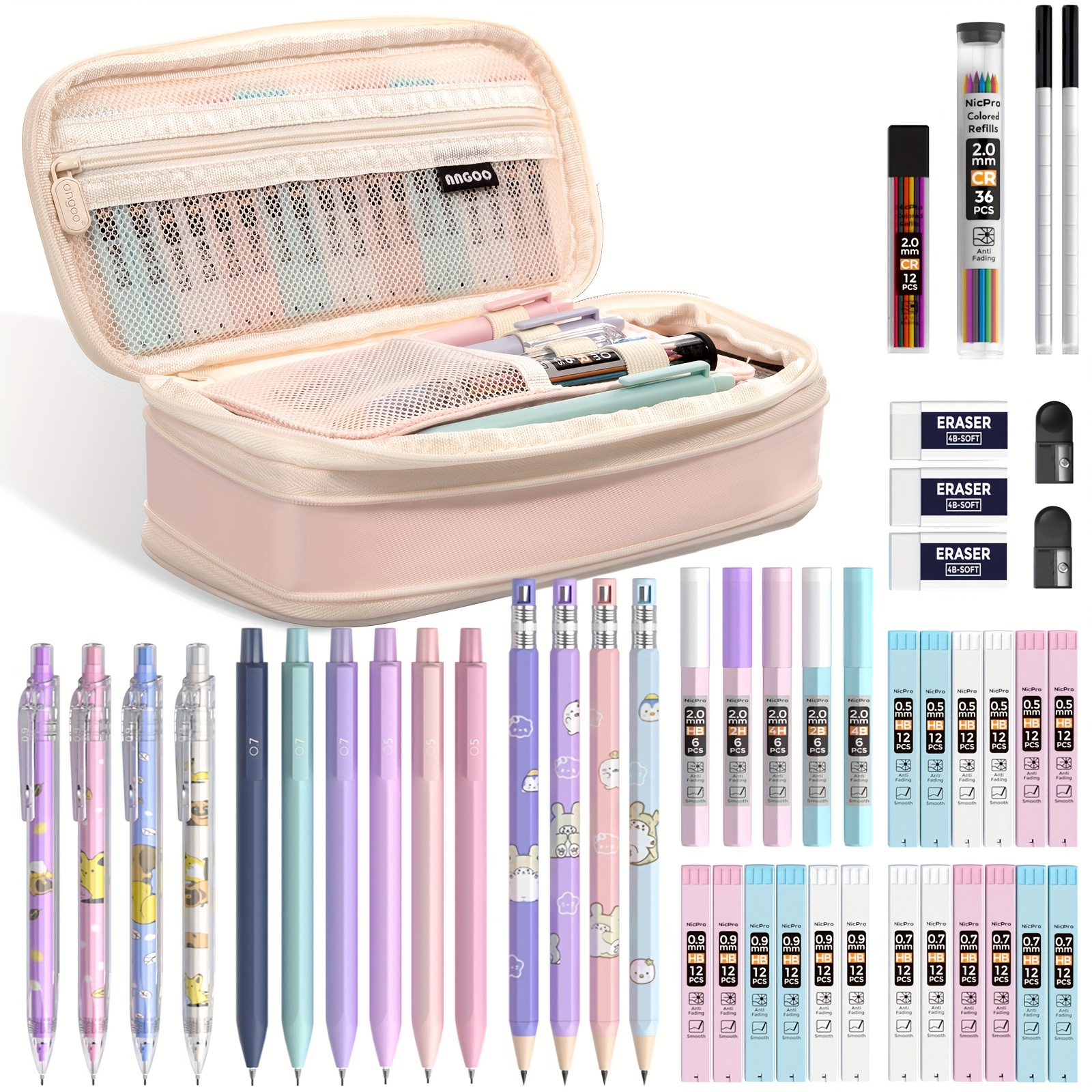 

Nicpro 47pcs Aesthetic School Supplies In Big Capacity Pen Case, Cute Pastel Mechanical Pencils 0.5, 0.7, 0.9 & 2mm Lead Holder With 25 Tube Lead Refills 4b 2b Hb 2h Color, Erasers For Student