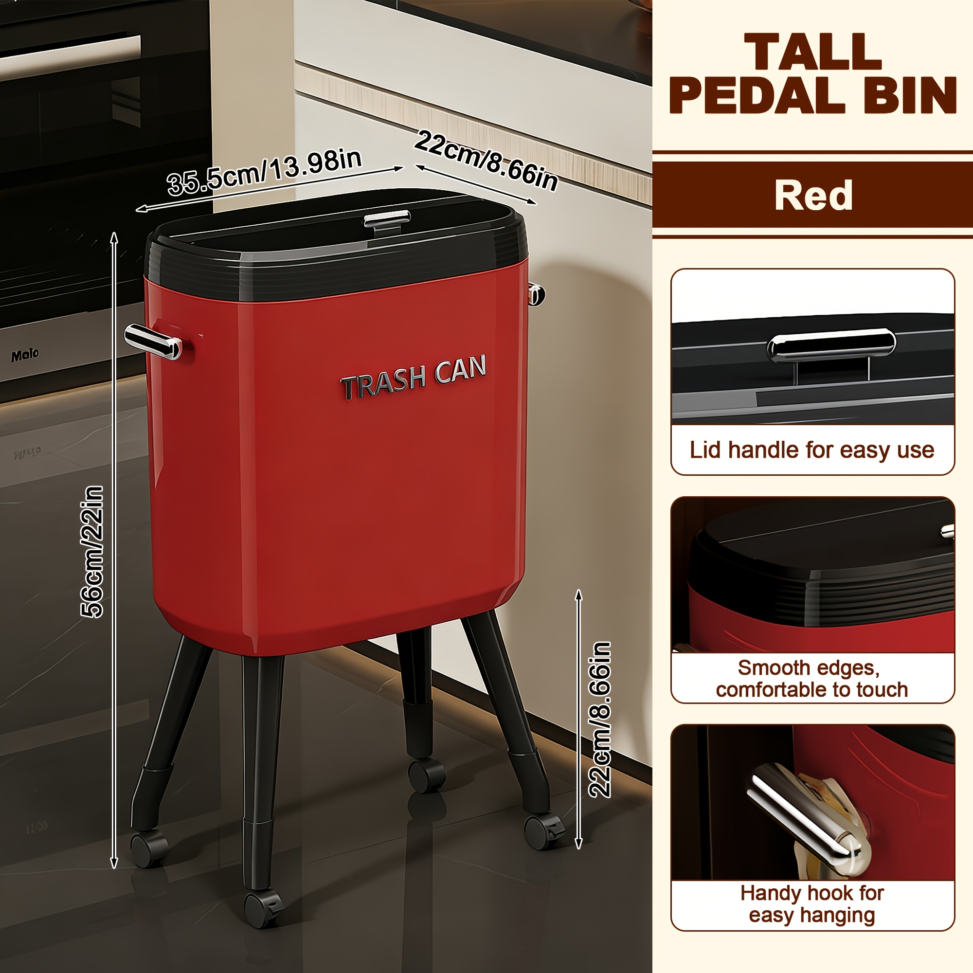 TEMU Mobile Trash Can With A High Leg Design, Featuring Wheels For Without Bending. It Includes Detachable Inner And Outer Buckets, Silent Swivel