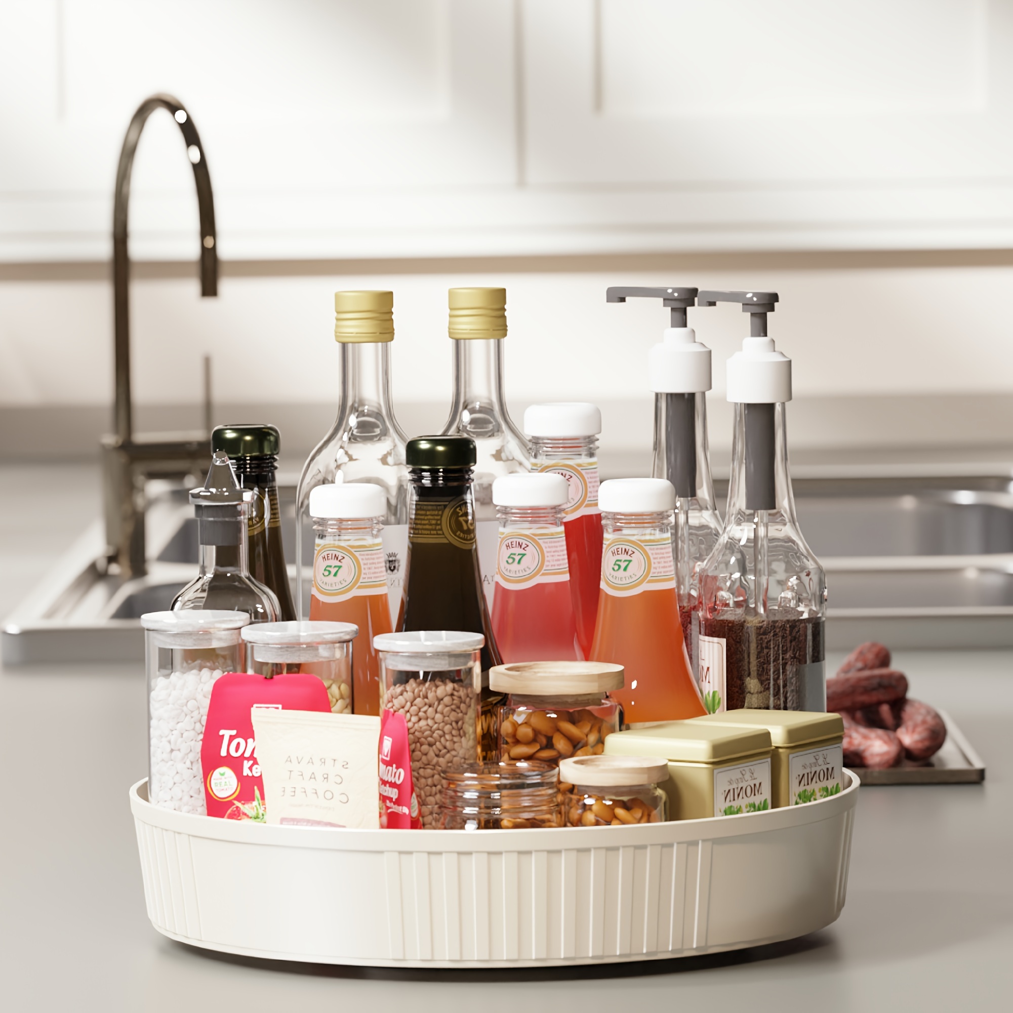 

1pc 360° Rotating Kitchen Organizer Tray - White, Multi-functional Spice And Storage Solution For Countertops, Pantry, And Bathroom - Ideal For , Oils, , Tray For Kitchen Counter