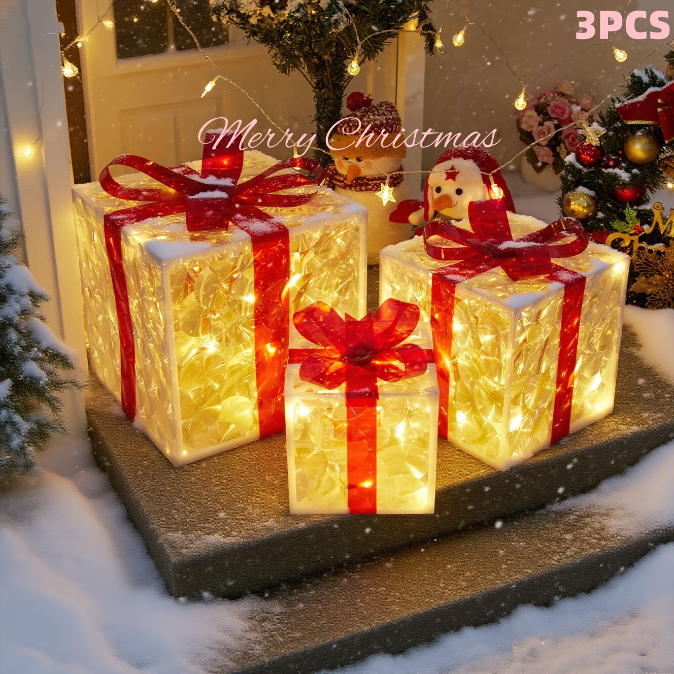 3pcs Lighted Christmas Gift Box Set with Warm LED Lights & Snowy Ribbon Bows - Battery-Powered Indoor/Outdoor Plastic Decorations with Stake Installation, Classic Winter Design for Xmas Tree, Yard, Home - Cordless Holiday Decor (Batteries Not Includ 4 3pcs Lighted Christmas Gift Box Set with Warm LED Lights & Snowy Ribbon Bows - Battery-Powered Indoor/Outdoor Plastic Decorations with Stake Installation, Classic Winter Design for Xmas Tree, Yard, Home - Cordless Holiday Decor (Batteries Not Includ - Image 4