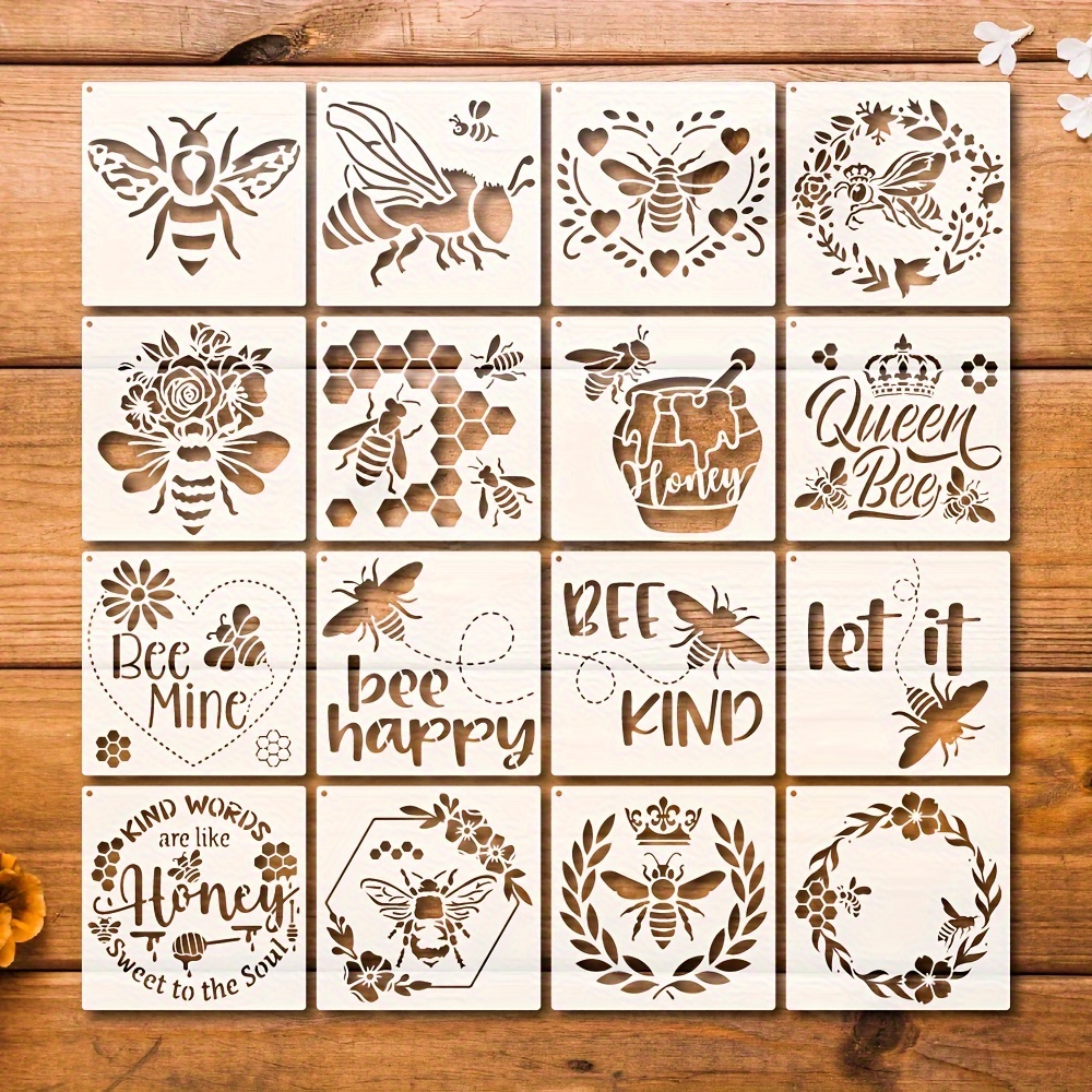 

16pcs Bee Theme Stencils Set, Reusable Honeycomb Bee Drawing Stencil, 6 Inch Floral Bee Template, Bee Happy Let It Bee Plastic Stencil For Painting On Wall Canvas Fabric Furniture Home Diy Art Craft