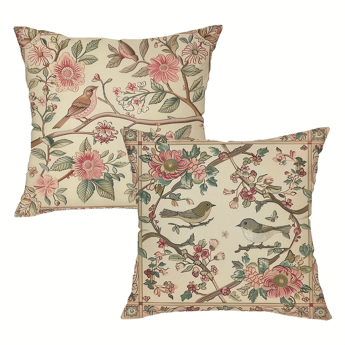 

& Birds 2-piece Throw Pillow Covers, 18x18 Inch - Linen Blend, Zip Closure, Hand Wash Only - Perfect For Sofa, Bedroom, Office, And Farmhouse Decor