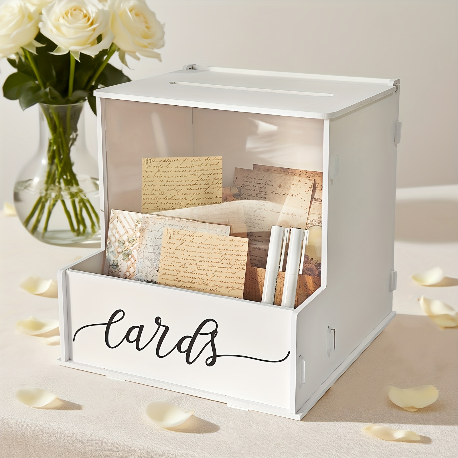 Image of Elegant White Pvc Wedding Card Box With Floral Arrangement - Perfect For Reception, Anniversary, And Bridal Shower Decorations, Money Gift Box, Party Favor Box, Wedding Decoration