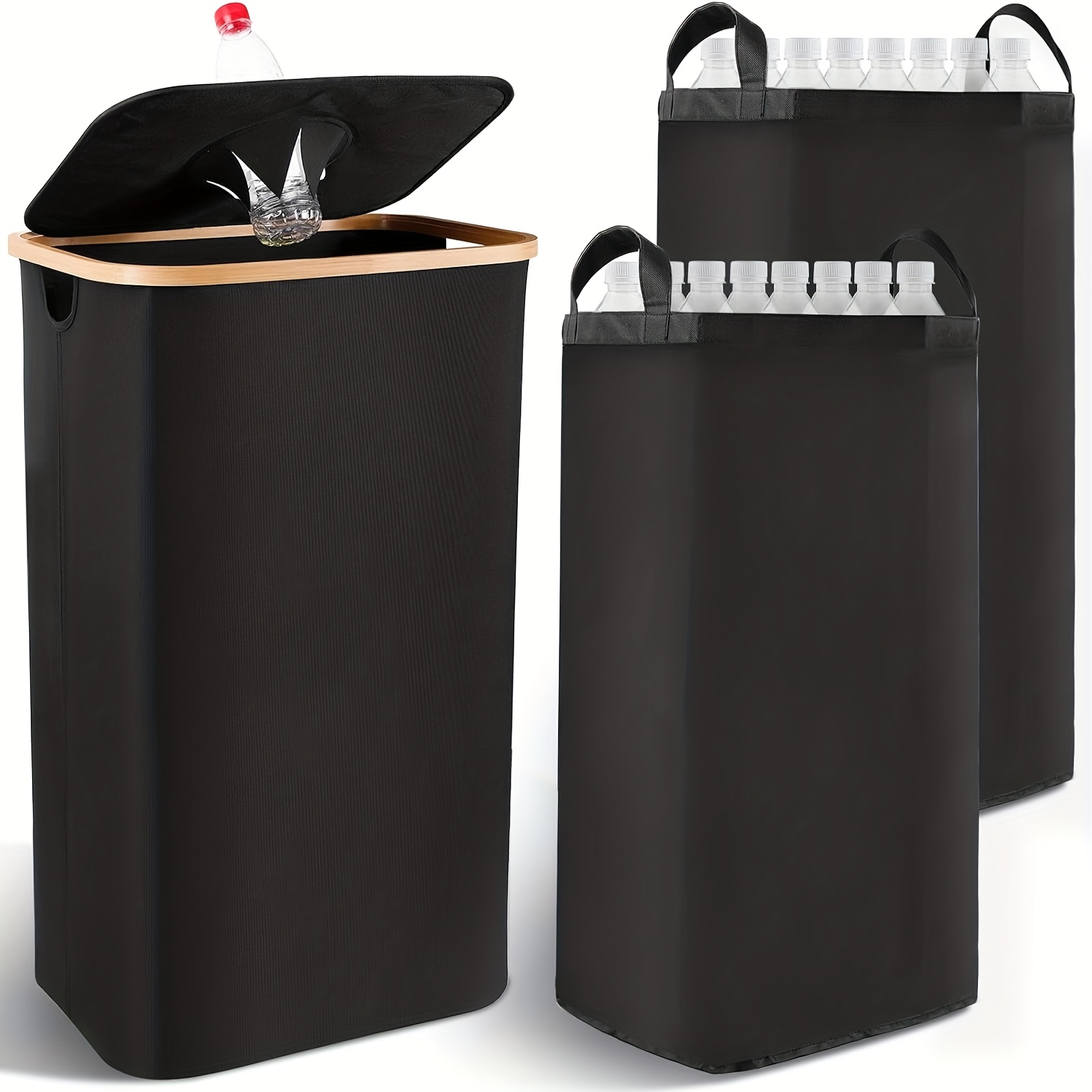 E-shop 70/100L Faltbarer Recyclingbehälter, Flaschenrecyclingbehälter, mit abnehmbarem Tragegriff - Großer Kapazität Schwarzer Oxford-Gewebe Mülleimer