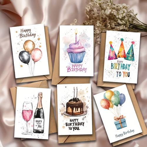 12pcs bulk pack watercolor birthday cards suitable for birthdays weddings balloon cake greeting note cards with envelopes blank blanks for personalization suitable for colleagues bulk pack