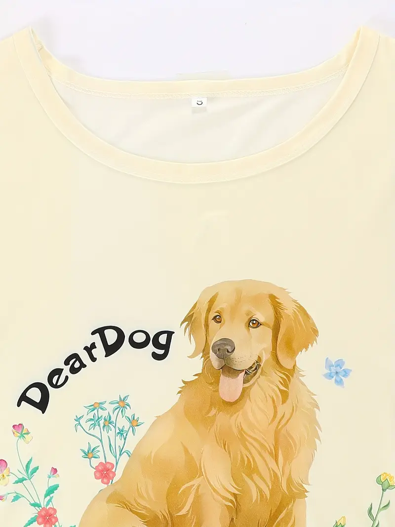 three piece pajama set round neck short sleeve pullover and loose elastic shorts with extended length golden retriever print design wear casual womens sleepwear and loungewear outfit Product details 3