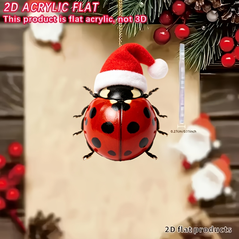 TEMU 2d Flat, 2d Flat 1pc Exquisite And Beautiful Christmas Ladybug With Red Hat Decorative Hanging Ornament. Used As A Decorative Pendant For Cars,
