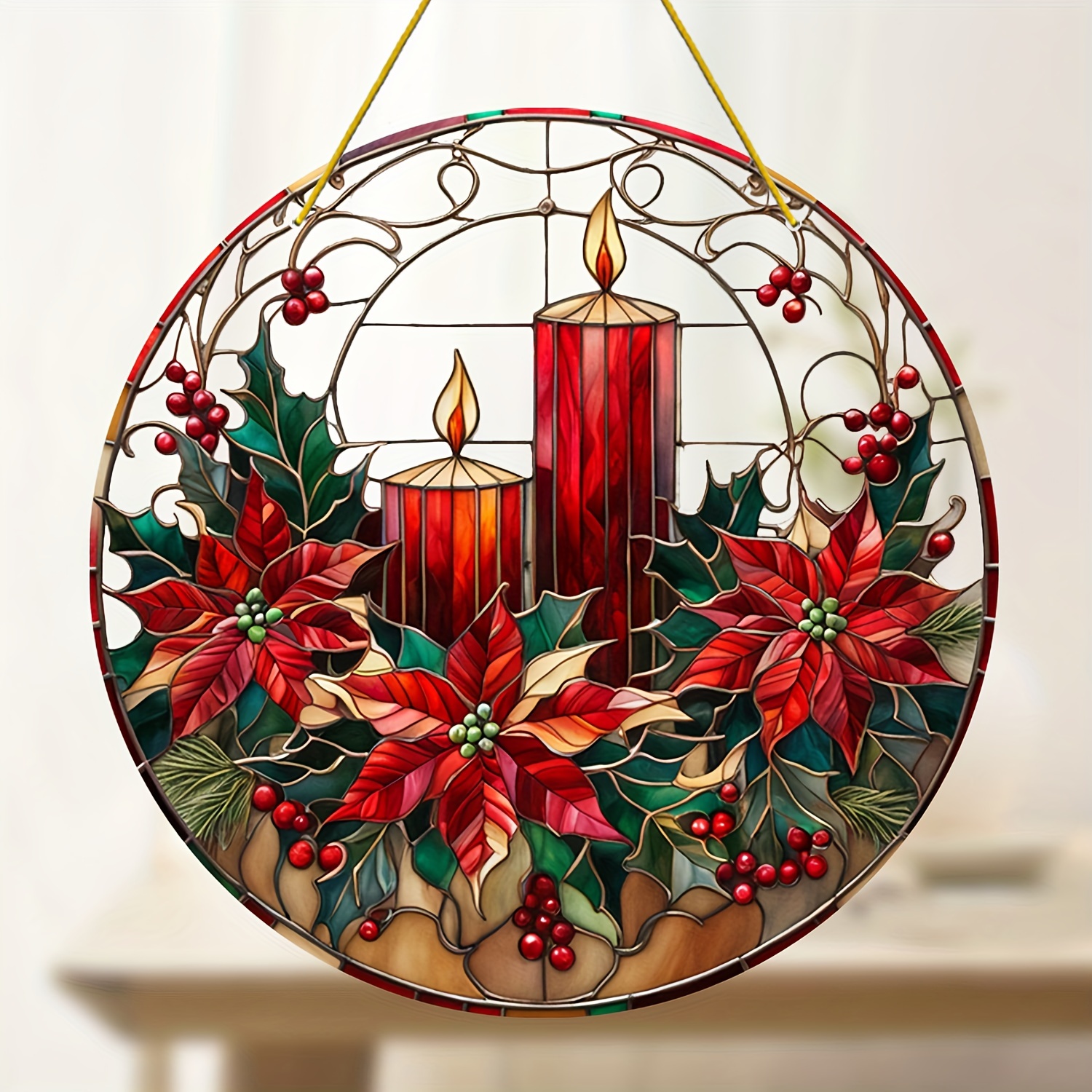 

Poinsettia Sun - 8"x8" Stained Acrylic Light , Christmas Window Hanging Decor For Indoor & Outdoor, Holiday