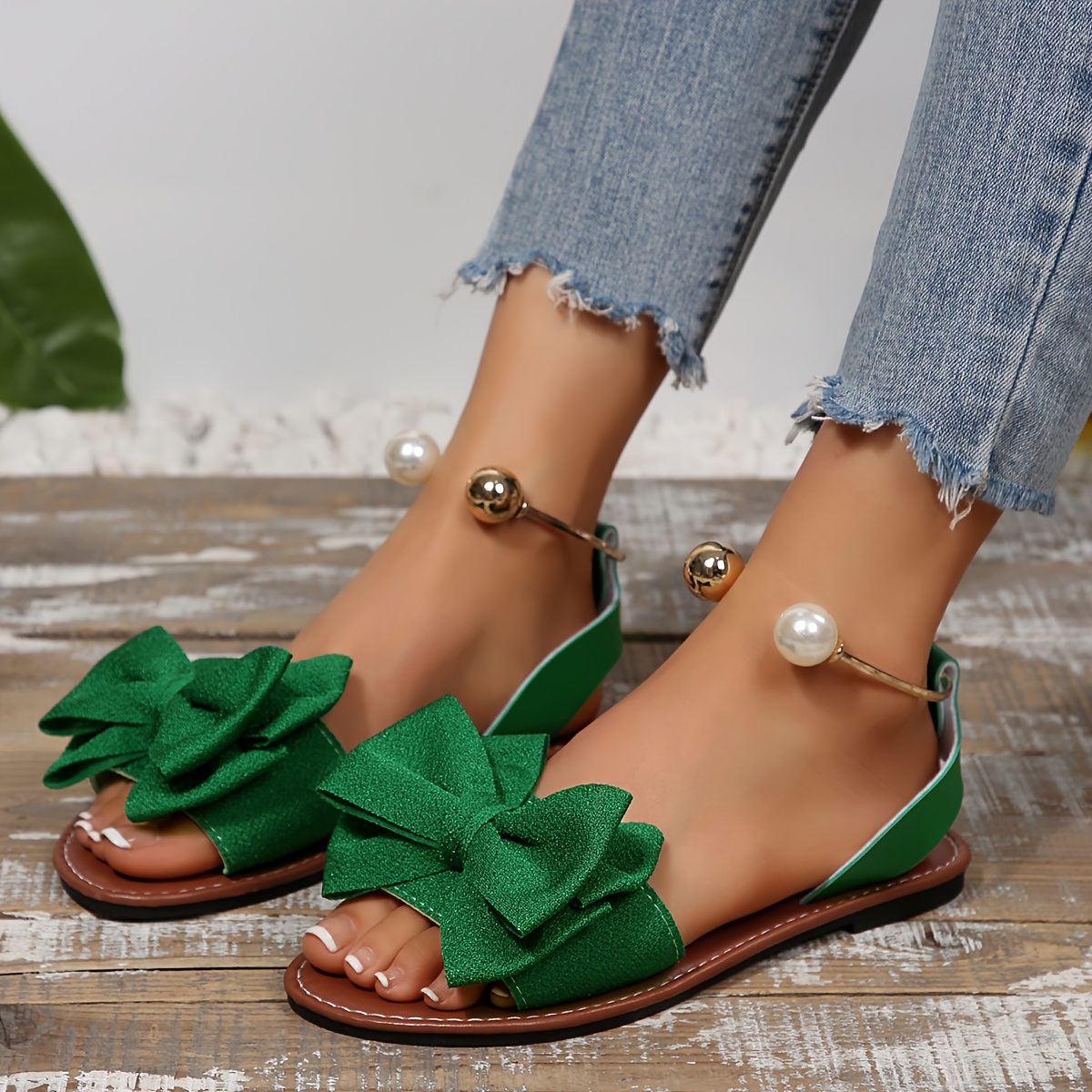 new   size womens comfortable and simple round toe open toe flat sandals with bow decoration and metal beads   casual summer beach   Product details 6