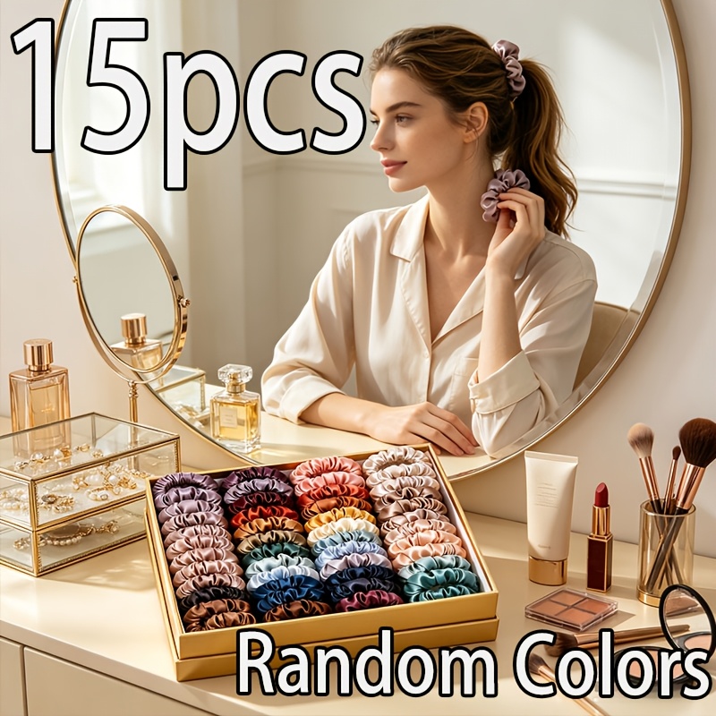 TEMU 15pcs Satin Hair Ties - Women's Random Color Hair Scrunchies, Suitable For All Hair Types, Perfect For Ponytails, Updos, And Casual Styling,