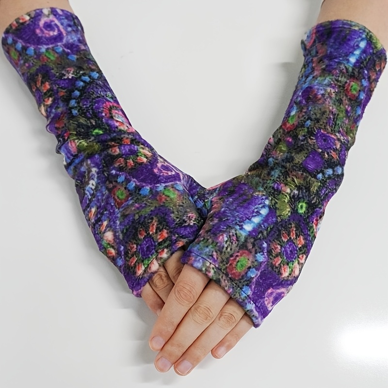 Women's Spring Autumn Winter Decorative Warm Print Plush Open-finger Extended Gloves