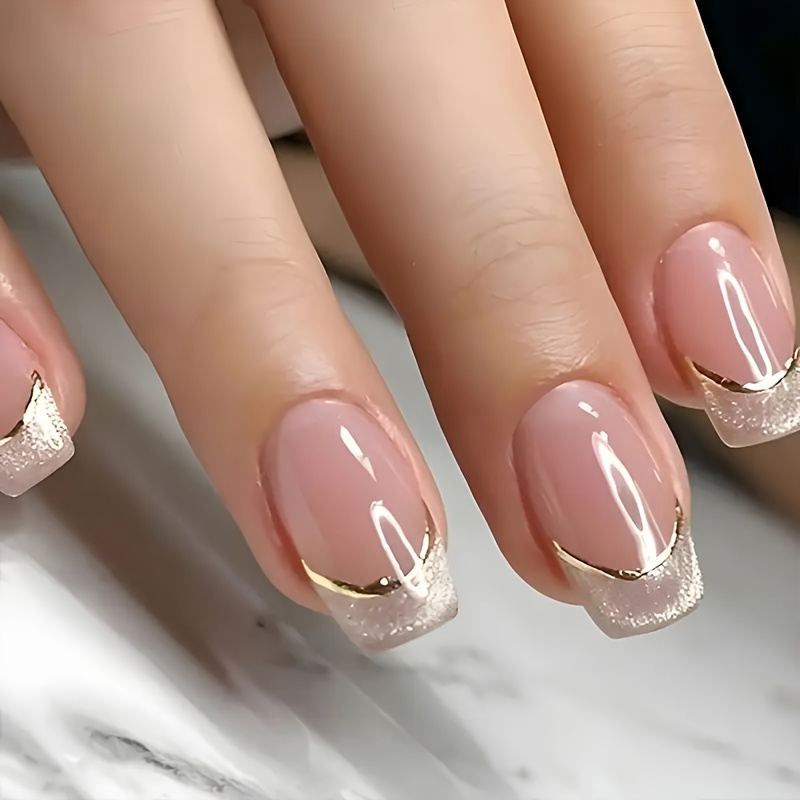 24pcs pink starry   on square nails with golden glitter stripes   nail file and jelly  