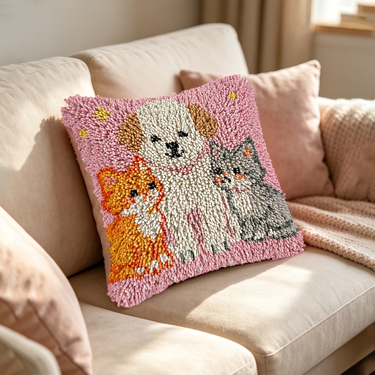 Handmade Pillow Latch Hook Kit, Cats and Dogs Design