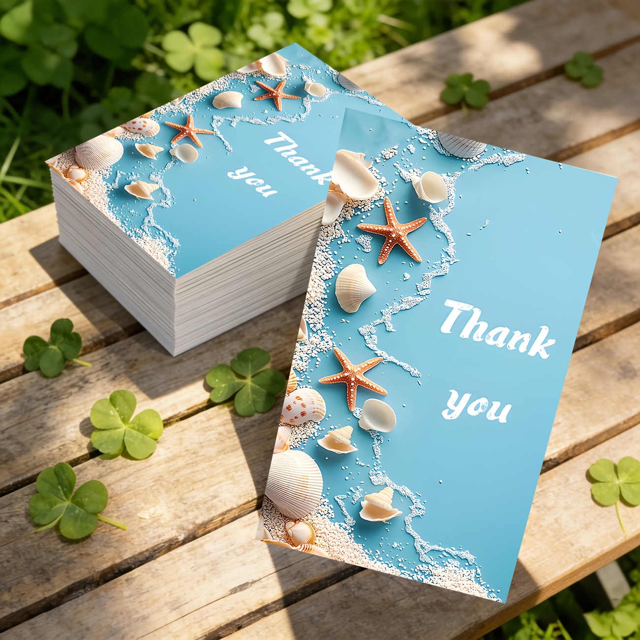 TEMU 50pcs Blue Ocean Shell Thank You Cards, Gift Cards, With A Blue Ocean Theme Featuring Starfish, Shells, And Waves, And Feeling, Suitable For