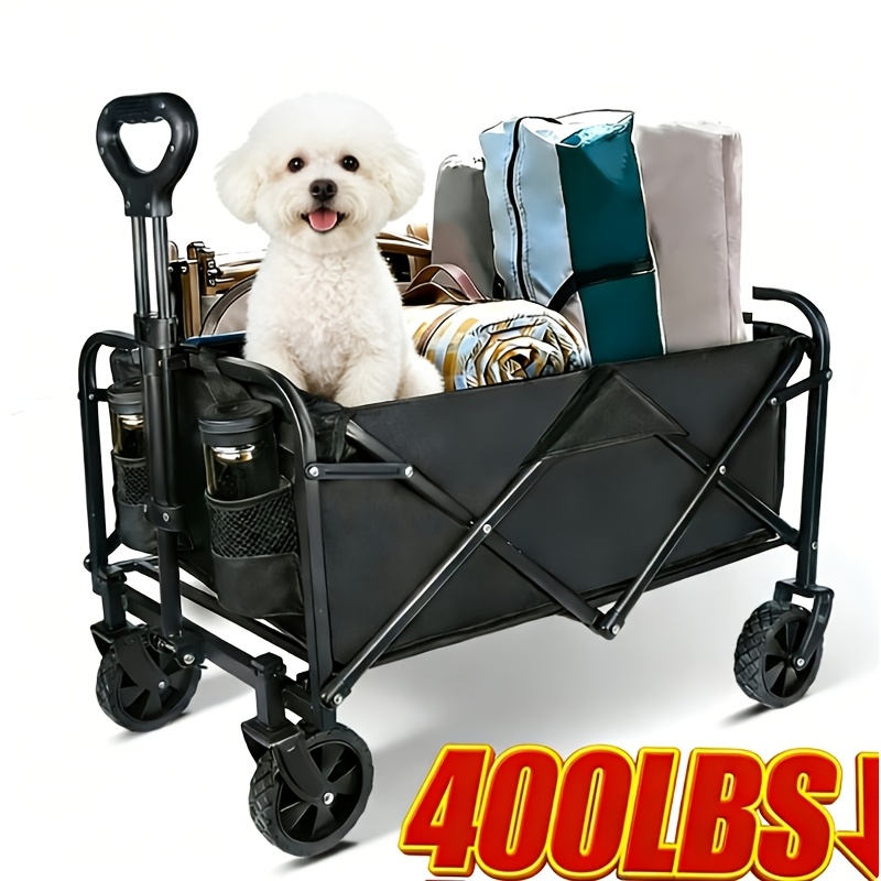 Image of Heavy Duty Folding Wagon Cart, 400 Lbs Capacity Collapsible Utility Wagon With Wheels, Portable Garden Cart For Camping, Beach, Lawn, Shopping, And Outdoor Activities