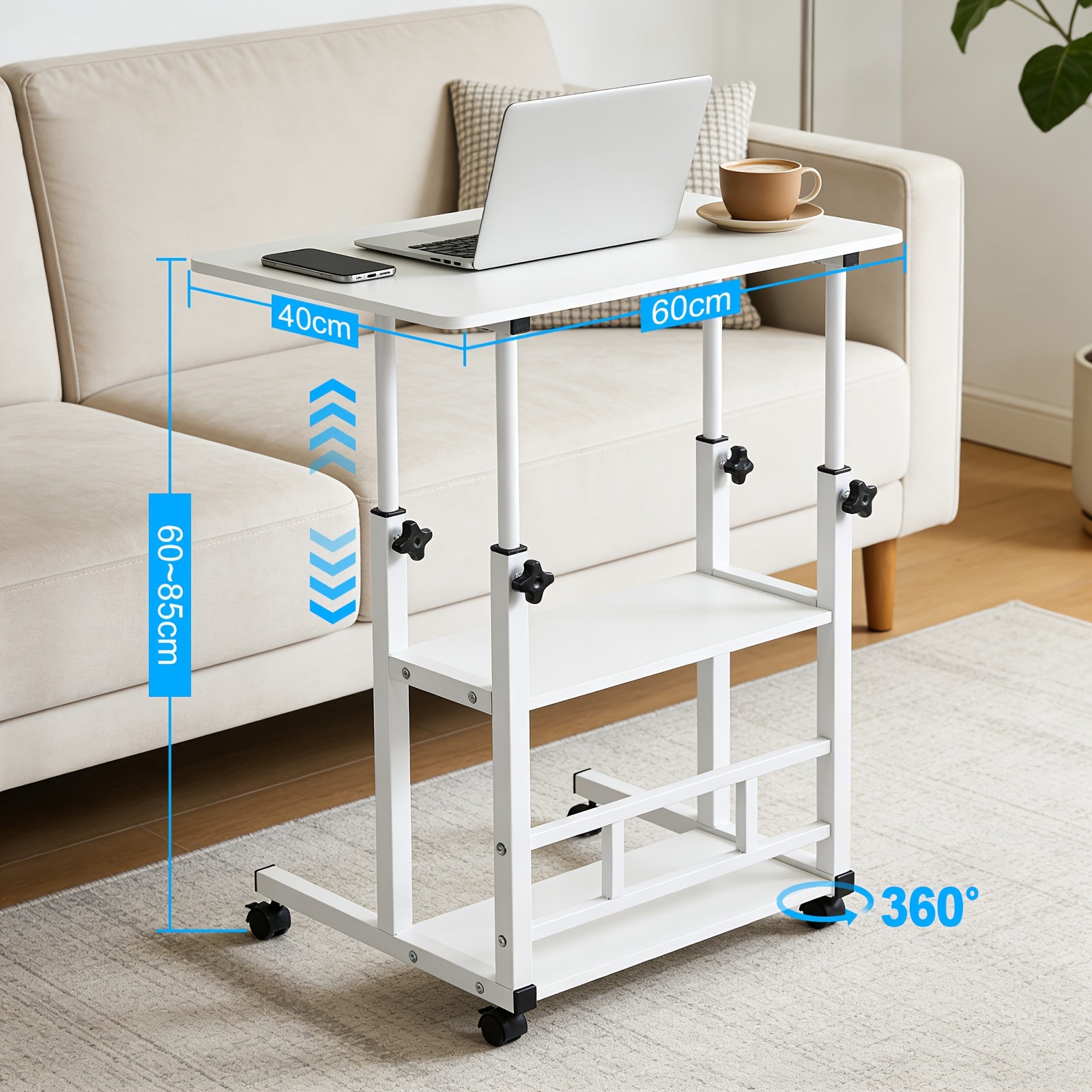 Height Adjustable Mobile Computer Desk With 2 Tier Storage Lockable Rotatable Casters Compact Sit Stand Pc Table For Home Office Bedroom Living Room 60x40x60-85cm