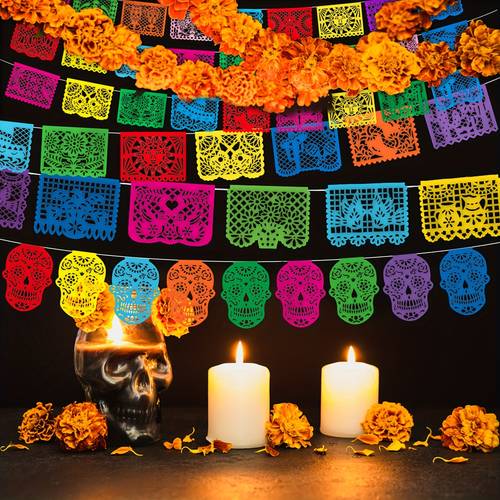 colorful papel picado banner for mexican celebrations 18 feet long made of plastic de mayo and decorations ideal for parties and supplies