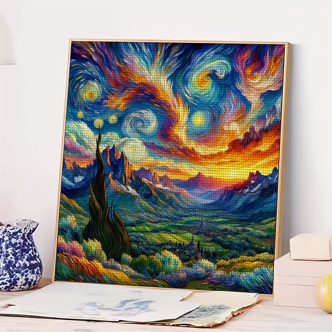Printed Cross-Stitch Kit, Mountain Starry Sky At Sunset Pattern