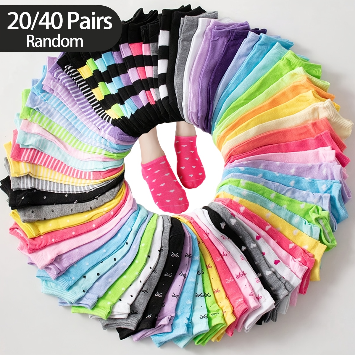 

20/40 paires de chaussettes imprimées de cœurs, chaussettes courtes de couleur bonbon pour la Saint-Valentin, bas et bonneterie pour femmes