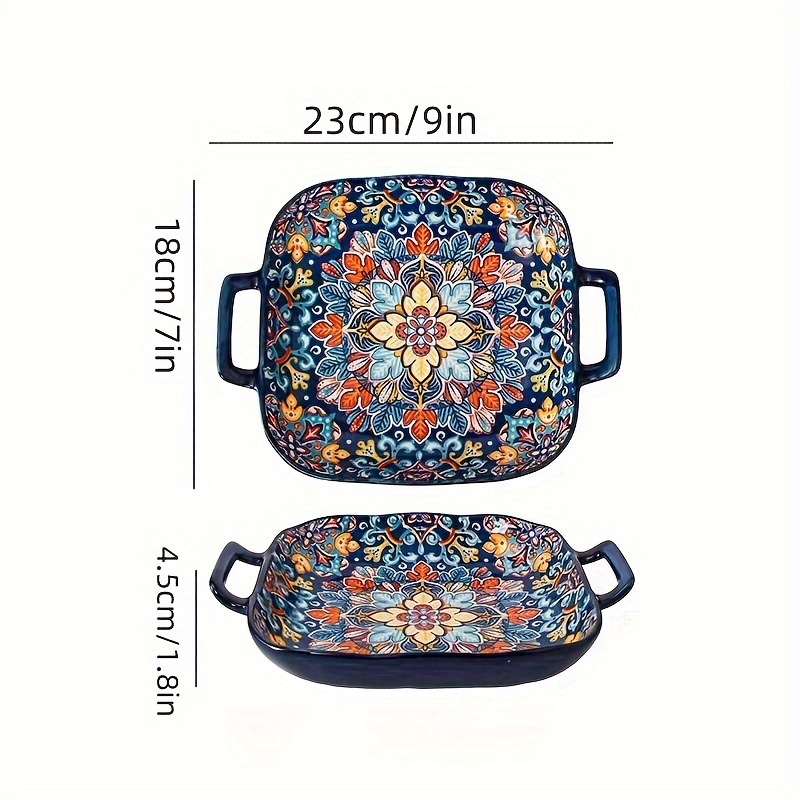 1pc 9-inch Bohemian Plate With Dual-handled Ceramic Pasta Dish, Oven And Microwave Safe