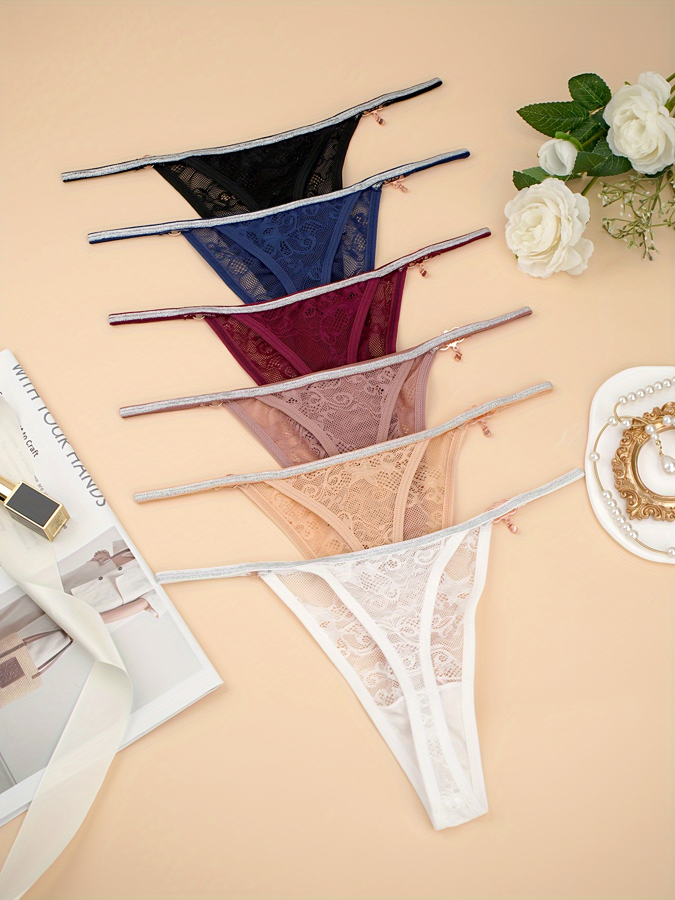 slip tanga couture en dentelle florale cu Temu France