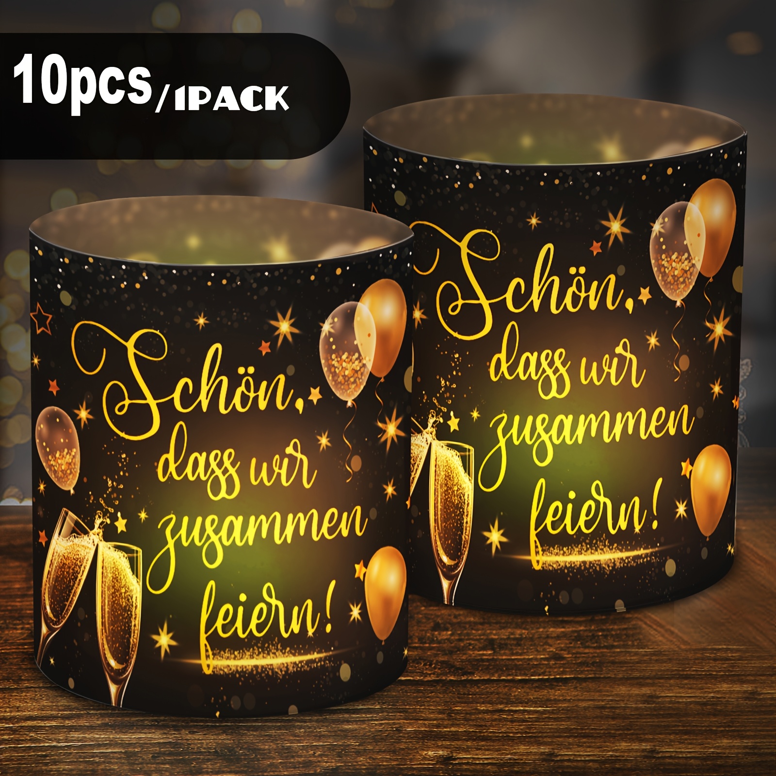E-shop 10 Stück Elegante Schwarze & Goldene Festliche Kerzenhalter mit "Schön, Dass Wir Zusammenfeiern"-Design - Ideal für Hochzeiten, Geburtstage,