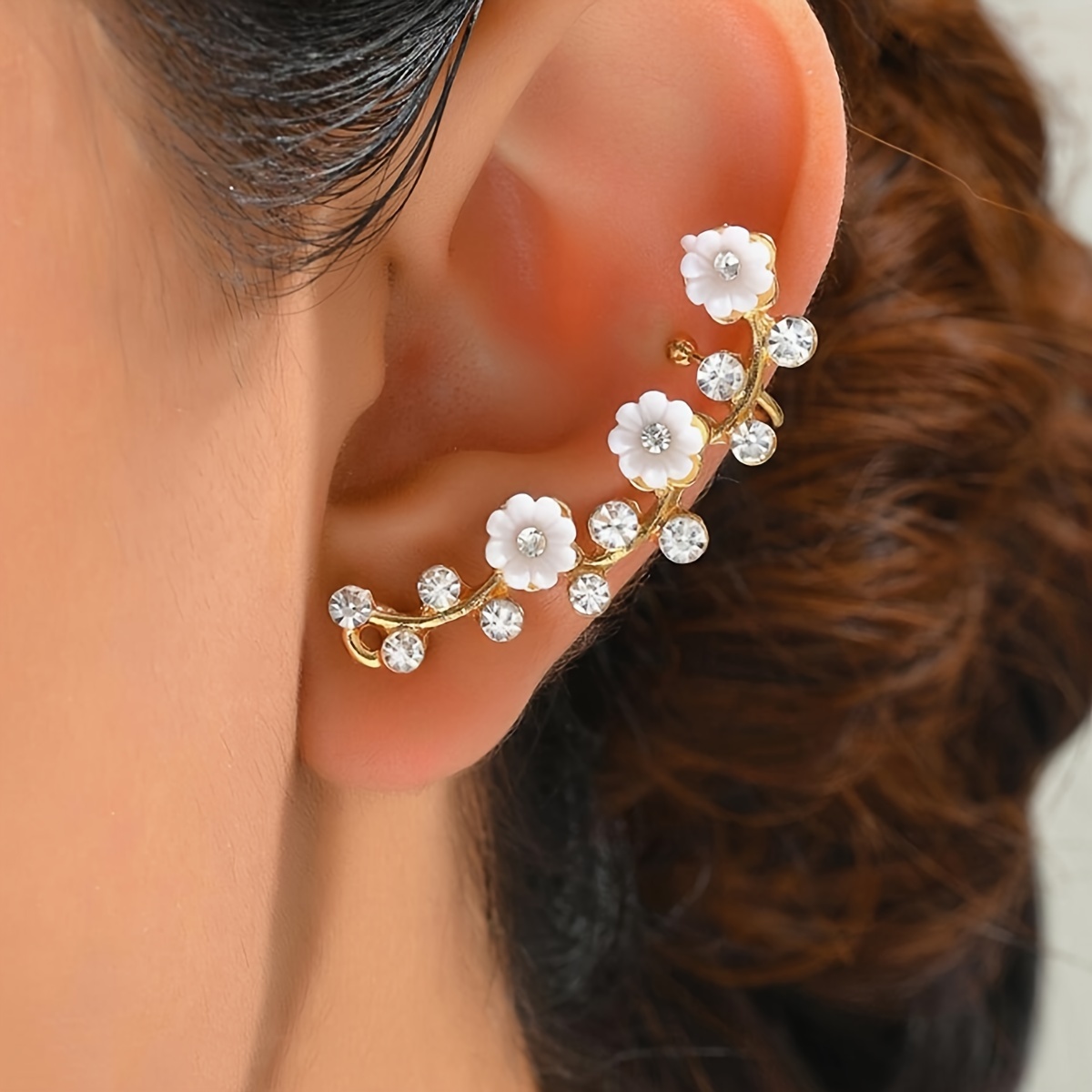 

1pc Vintage Floral Ear Cuff Wrap With Rhinestone & Faux Pearl Accents, Zinc Alloy Non-plated Ear Wrap For , Festivals & Valentine's Day - Versatile Jewelry For