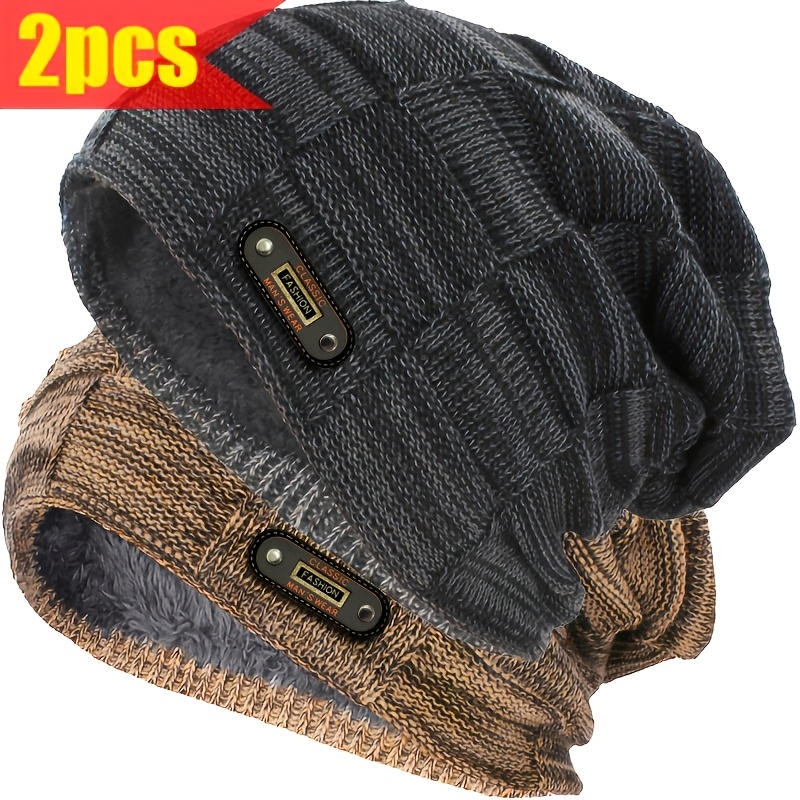 TEMU Lot de 2 nouveaux bonnets tricotés pour homme, automne/hiver, couleurs mélangées, à un bonnet pull épais en velours chaud et coupe-vent, bonnet