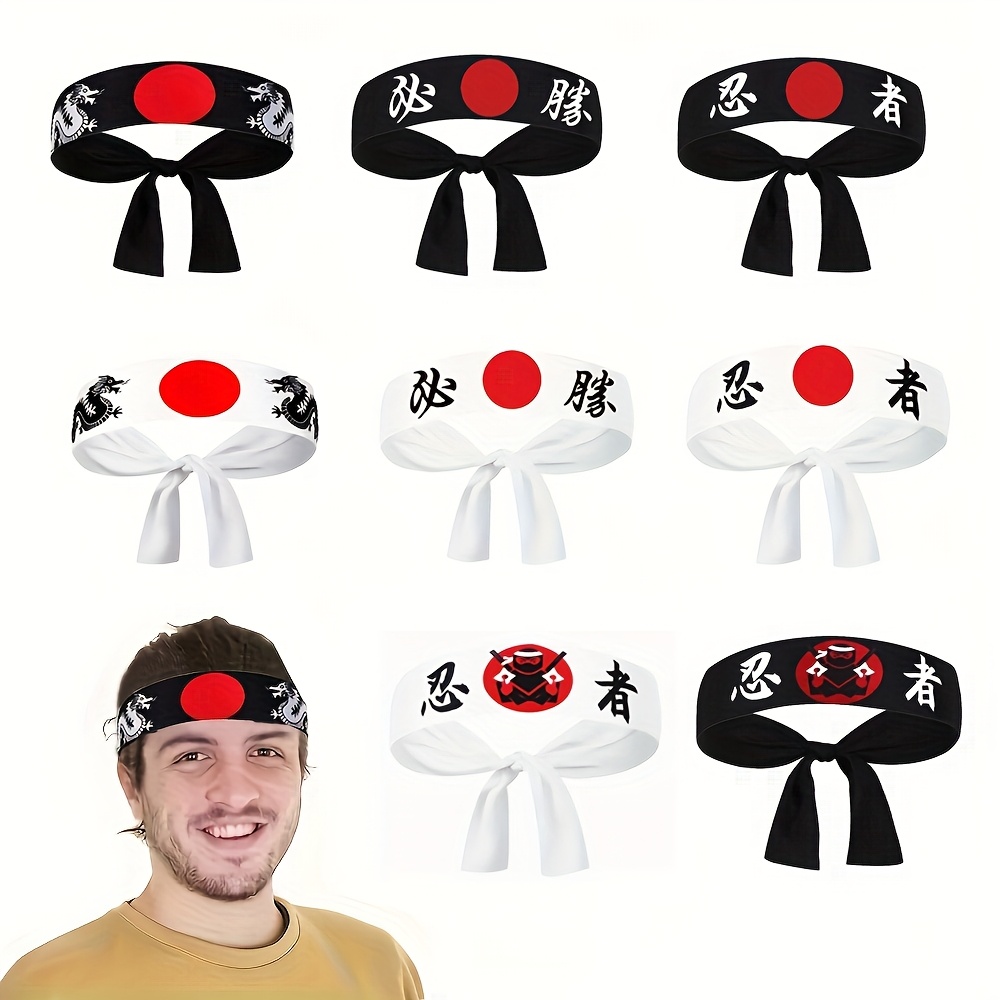 E-shop Set mit 8 Stirnbändern, Bandanas für Sushi-, Kostüm-Stirnbänder zum Binden für Karate, Sport und Kochen in der Küche (Drache, Charakter)