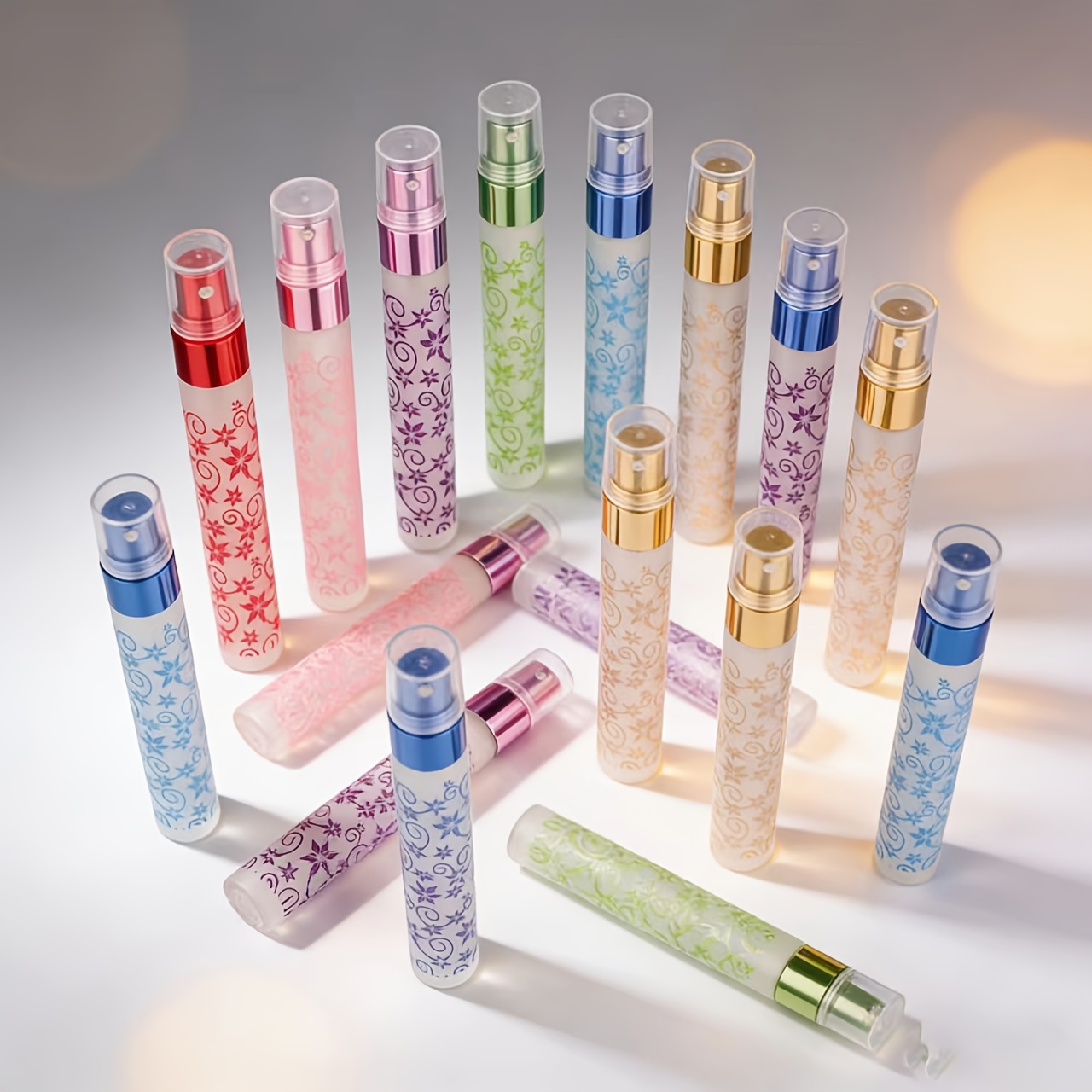 TEMU Lot de 16 flacons vaporisateurs imprimés délicats et givrés de 10 ml, flacons atomiseurs de parfum de voyage portables, flacons vides en verre
