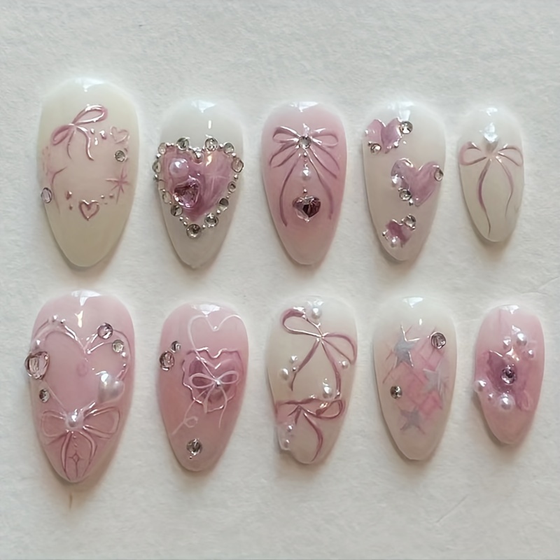 

24pcs Press-on Nails Set - Pink & Mixed Colors, Short Shape With 3d Bowknots & Rhinestones, For Hands, Feet & Nail Care