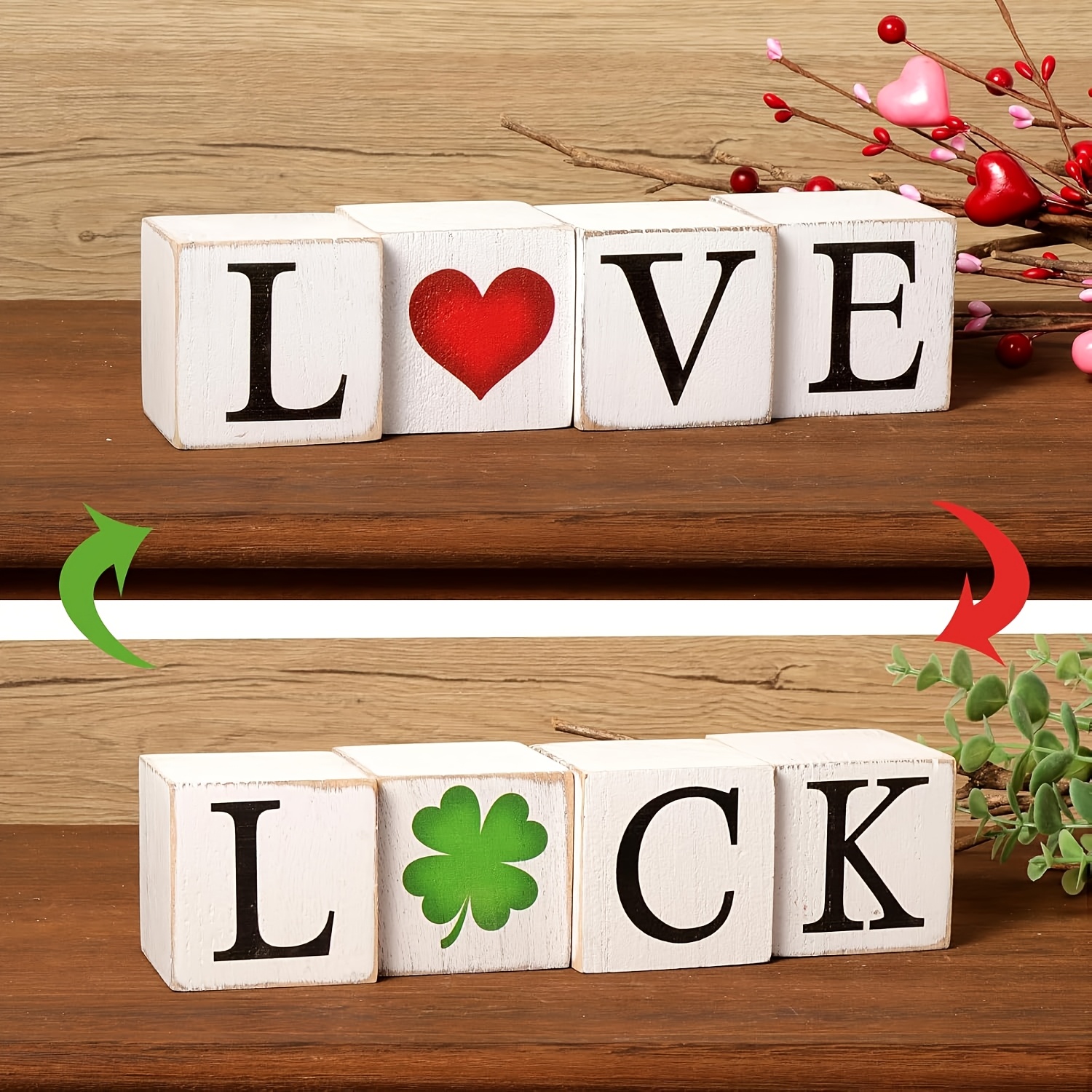 

4pcs Reversible Valentine's Day/st. Patricks Day Decor, Farmhouse Wooden Sign, Valentine's Day/st. Patricks Day Decorations For Home Mantle Shelf Tiered Tray Decor